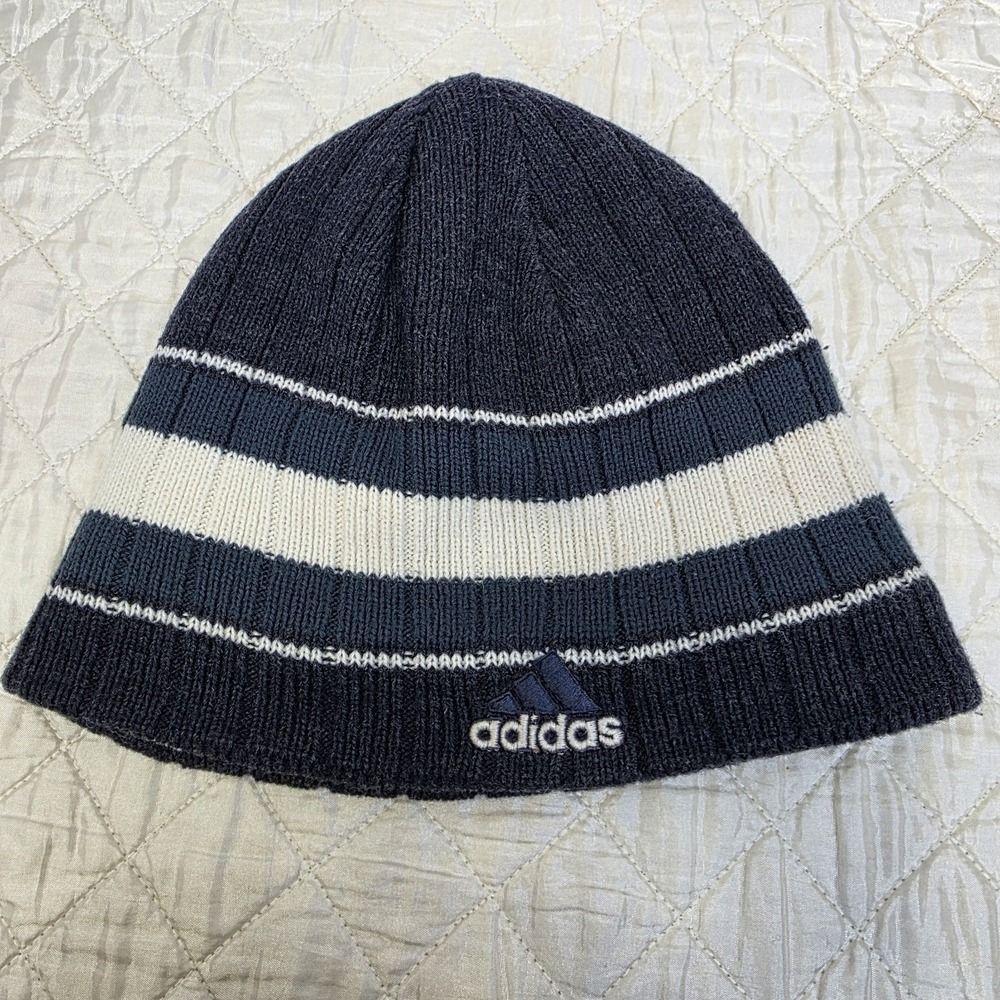 Vintage Y2K Adidas Climawarm Navy White Striped Beanie Fleece Lined Rare